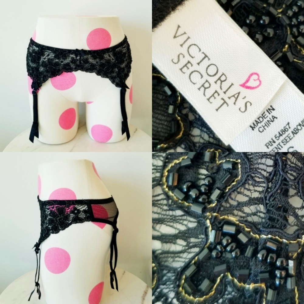 Victoria's Secret Vintage Embroidered Jeweled Black Very Sexy Garter Belt NWOT